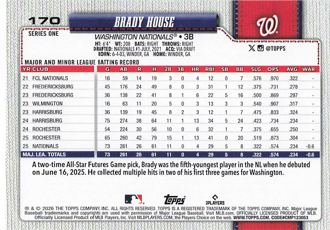 2026 Topps Baseball Brady House #170 Rookie