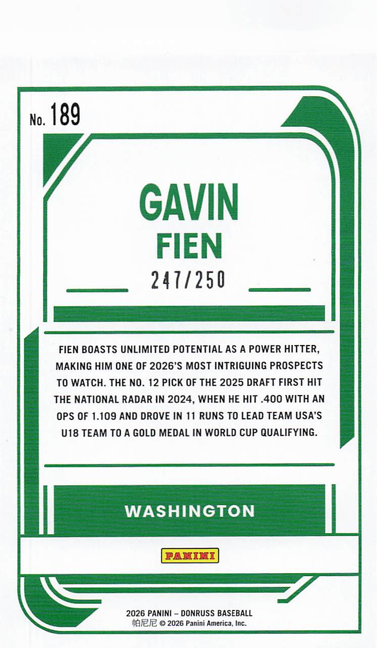 2026 Donruss Baseball Red 247/250 Gavin Fien #189