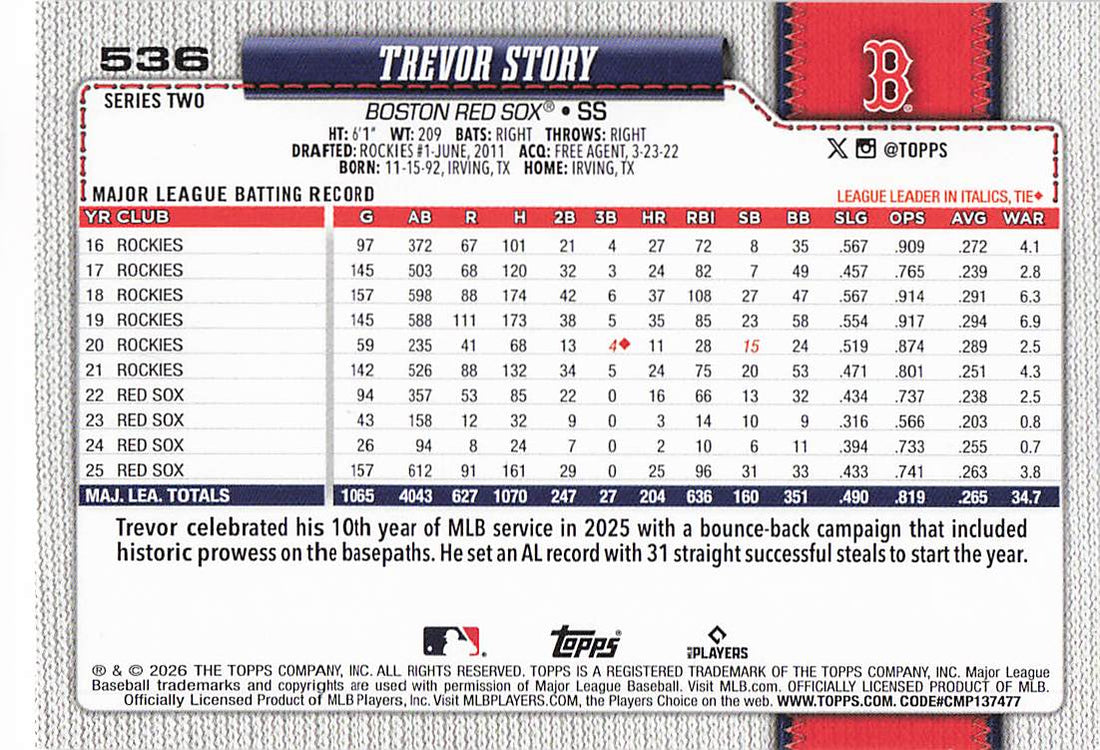 2026 Topps Baseball Trevor Story #536