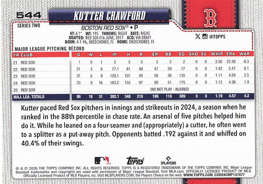 2026 Topps Baseball Kutter Crawford #544