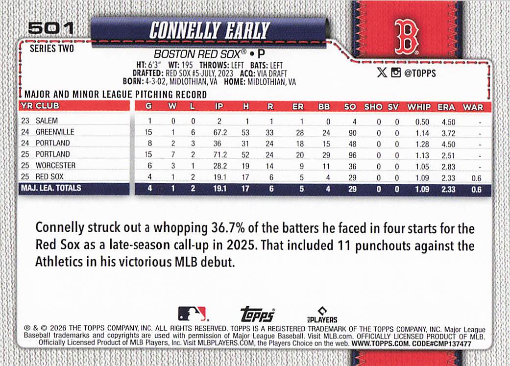 2026 Topps Baseball Connelly Early #501 Rookie