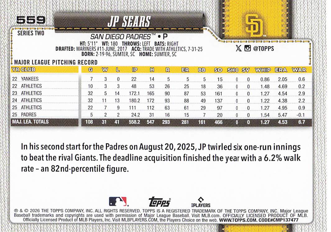2026 Topps Baseball JP Sears #559
