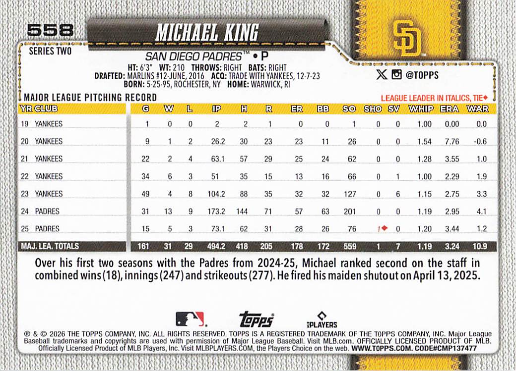 2026 Topps Baseball Michael King #558