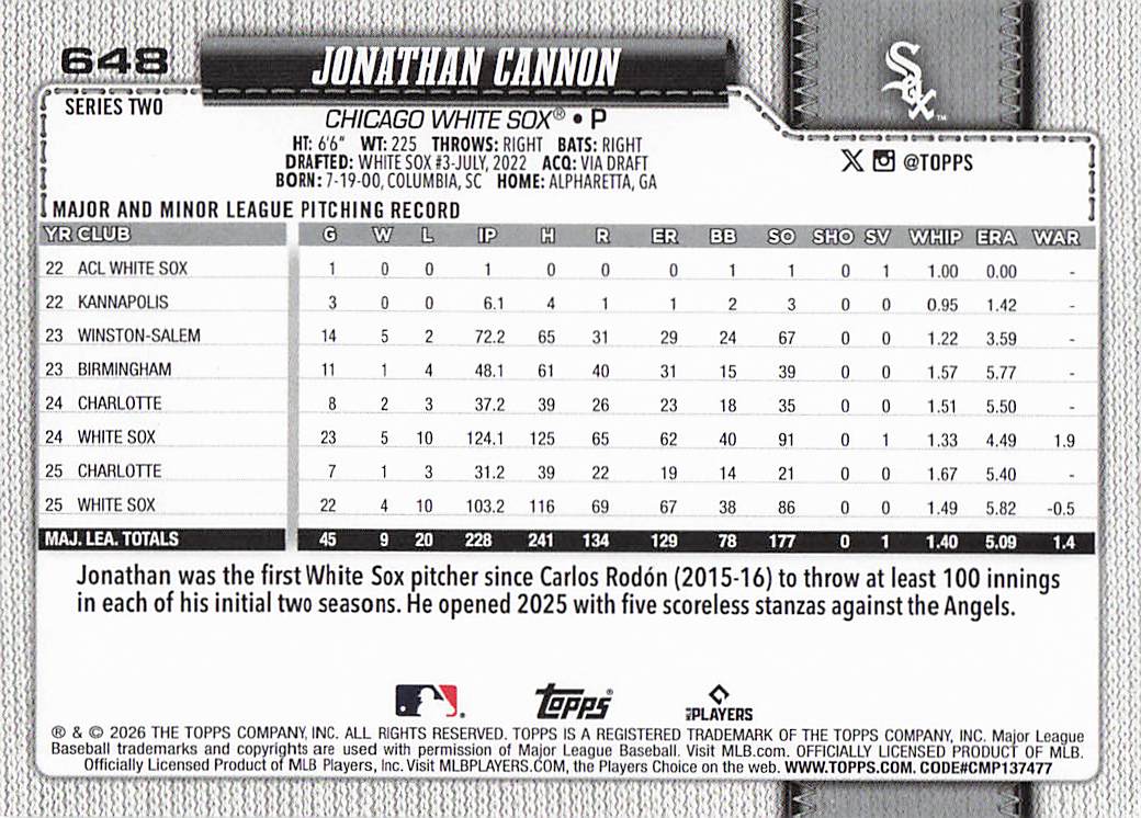 2026 Topps Baseball Jonathan Cannon #648