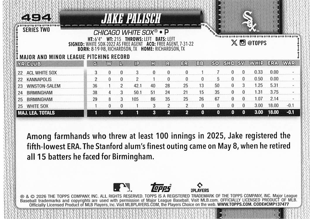 2026 Topps Baseball Jake Palisch #494 Rookie