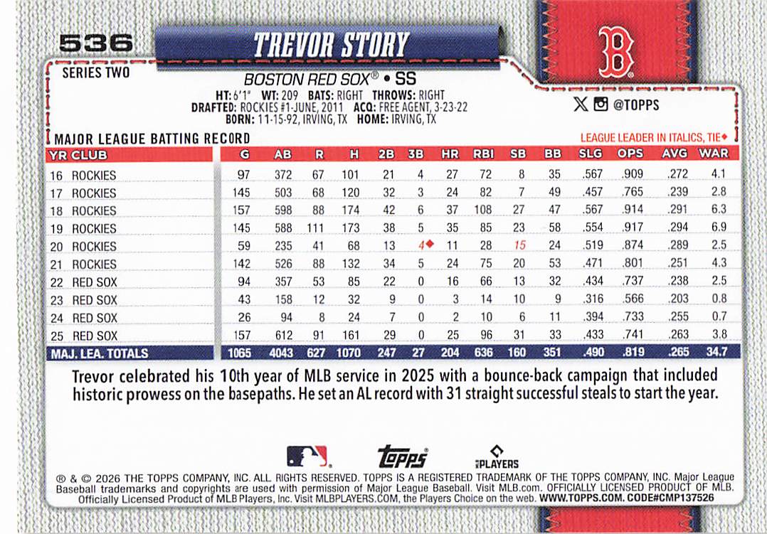 2026 Topps Baseball Holiday Trevor Story #536