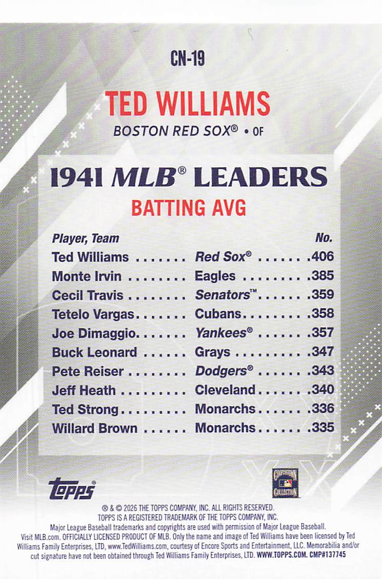 2026 Topps Baseball Crooked Numbers Ted Williams #CN-19