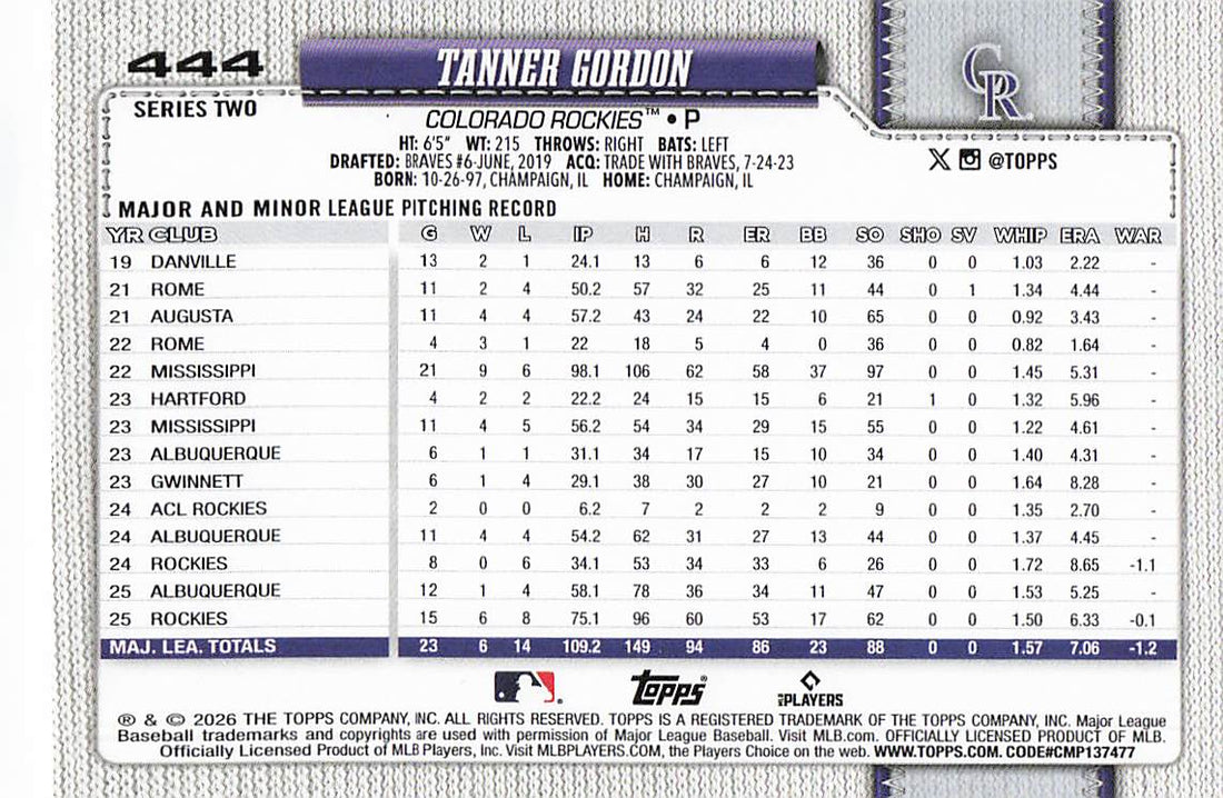 2026 Topps Baseball Tanner Gordon #444