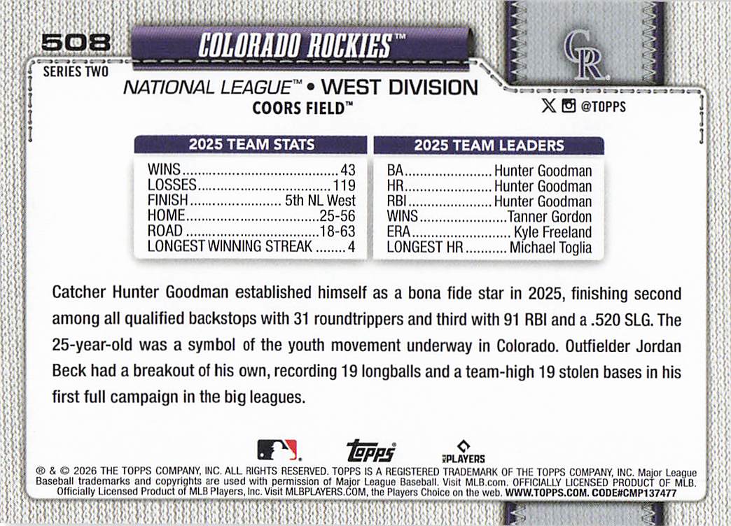 2026 Topps Baseball Colorado Rockies #508
