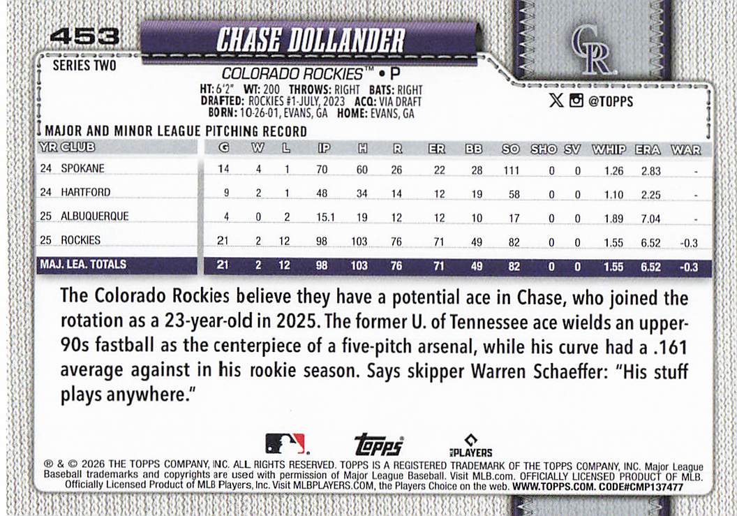 2026 Topps Baseball Chase Dollander #453
