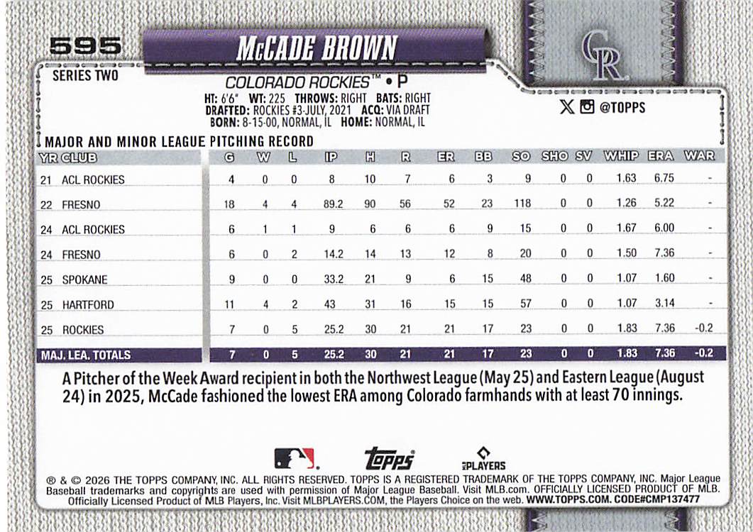 2026 Topps Baseball McCade Brown #595 Rookie