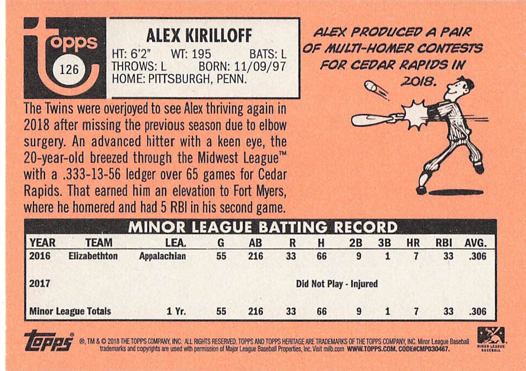 2018 Topps Heritage Minor League Baseball Alex Kirilloff #126