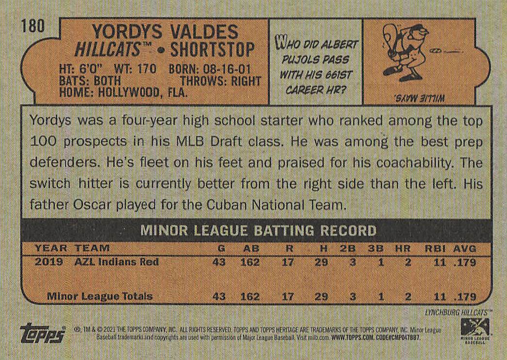 2021 Topps Heritage Minor League Baseball Yordys Valdes #180