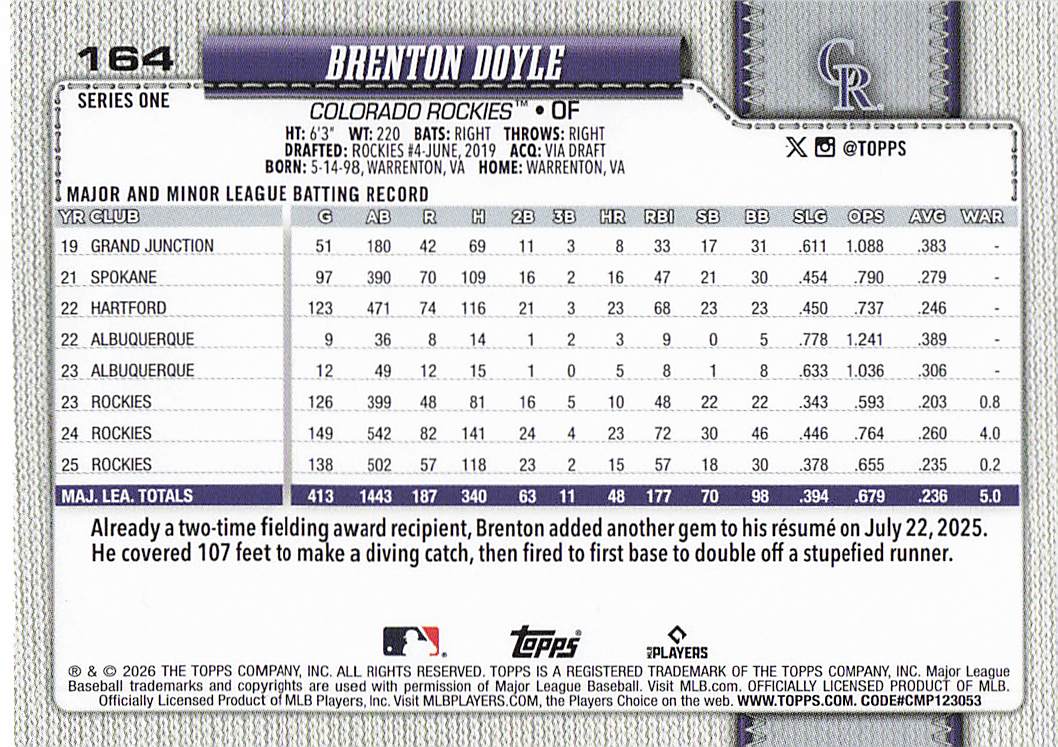 2026 Topps Baseball Brenton Doyle #164