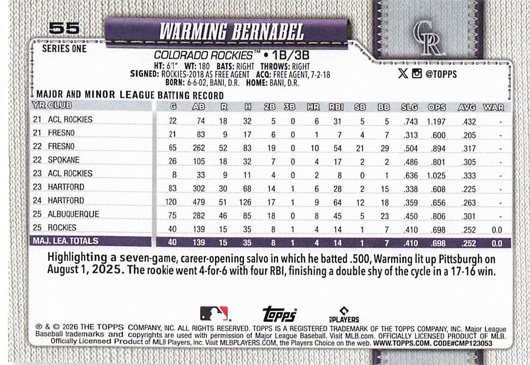 2026 Topps Baseball Warming Bernabel #55 Rookie