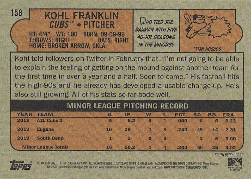 2021 Topps Heritage Minor League Baseball Kohl Franklin #158