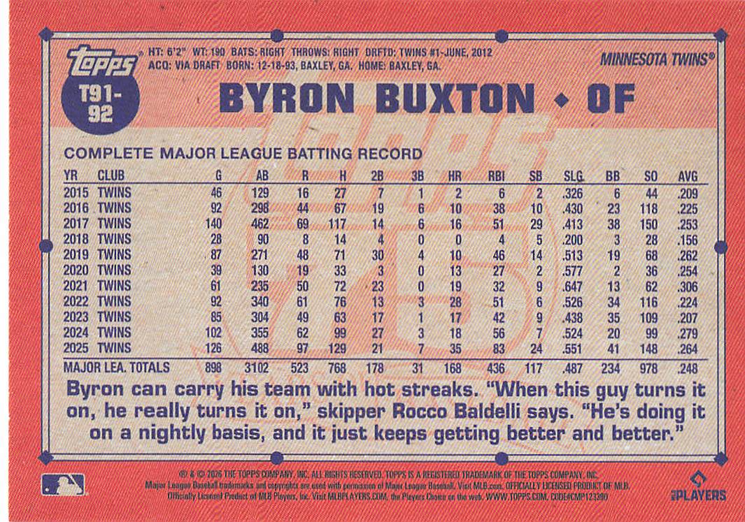 2026 Topps Baseball 1991 Topps Crackle Foil Byron Buxton #T91-92