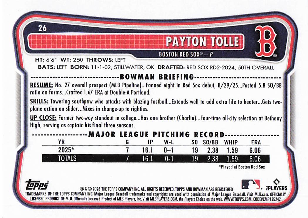 2026 Bowman Baseball Payton Tolle #26 Rookie