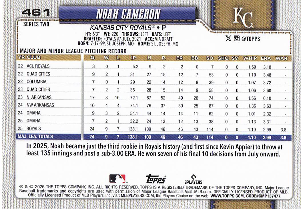 2026 Topps Baseball Noah Cameron #461