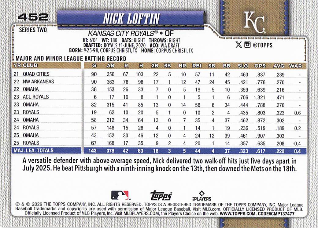 2026 Topps Baseball Nick Loftin #452