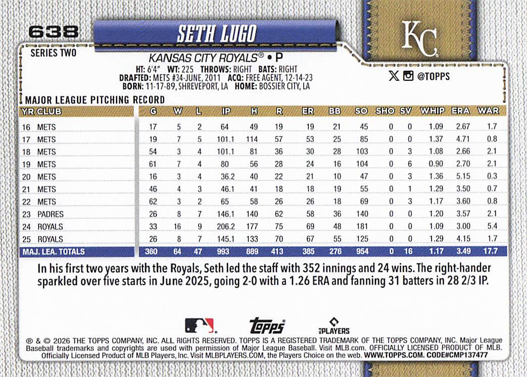 2026 Topps Baseball Seth Lugo #638