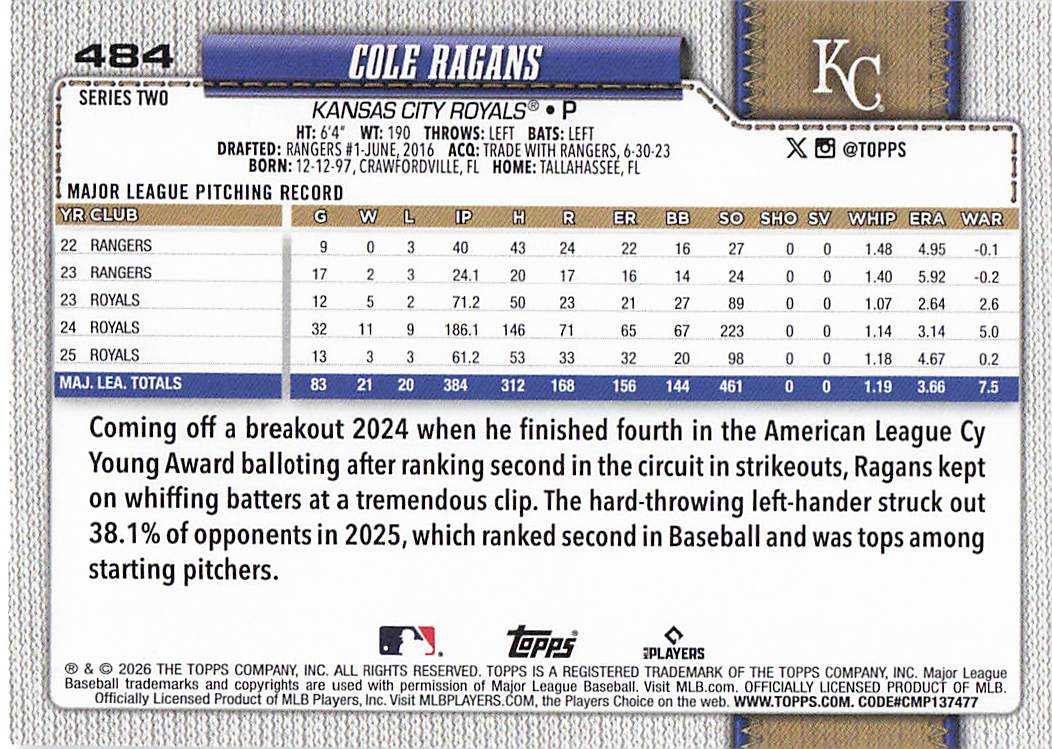 2026 Topps Baseball Cole Ragans #484