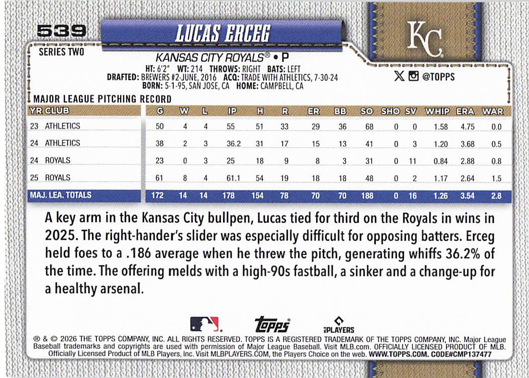 2026 Topps Baseball Lucas Erceg #539