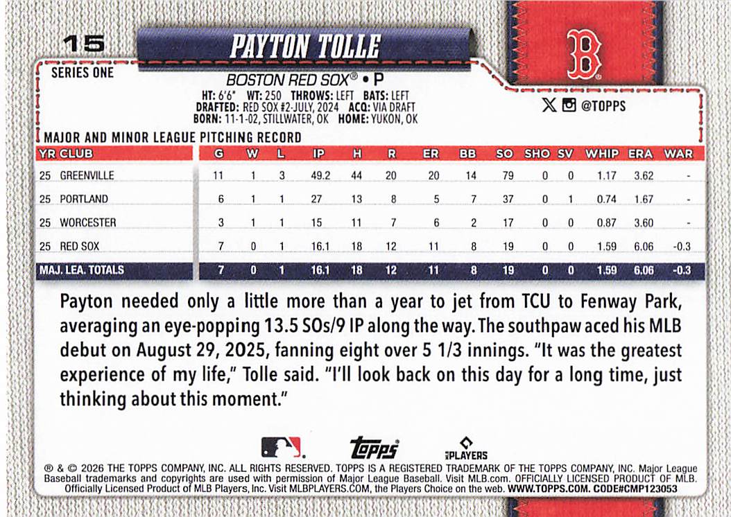 2026 Topps Baseball Payton Tolle #15 Rookie