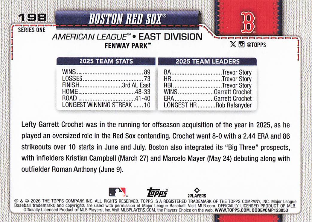 2026 Topps Baseball Boston Red Sox #198