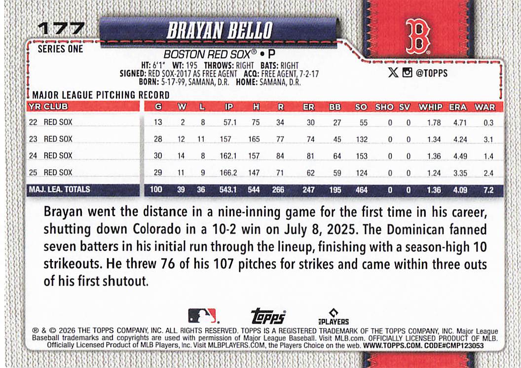 2026 Topps Baseball Brayan Bello #177
