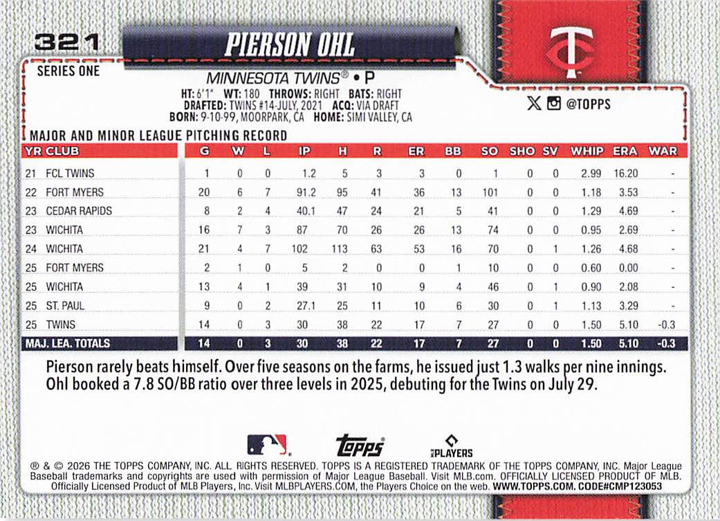 2026 Topps Baseball Pierson Ohl #321 Rookie