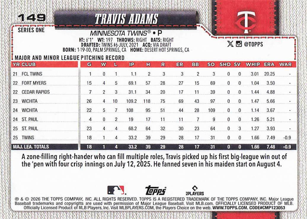 2026 Topps Baseball Travis Adams #149 Rookie