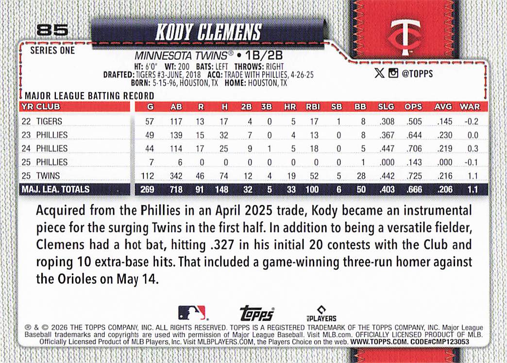 2026 Topps Baseball Kody Clemens #85