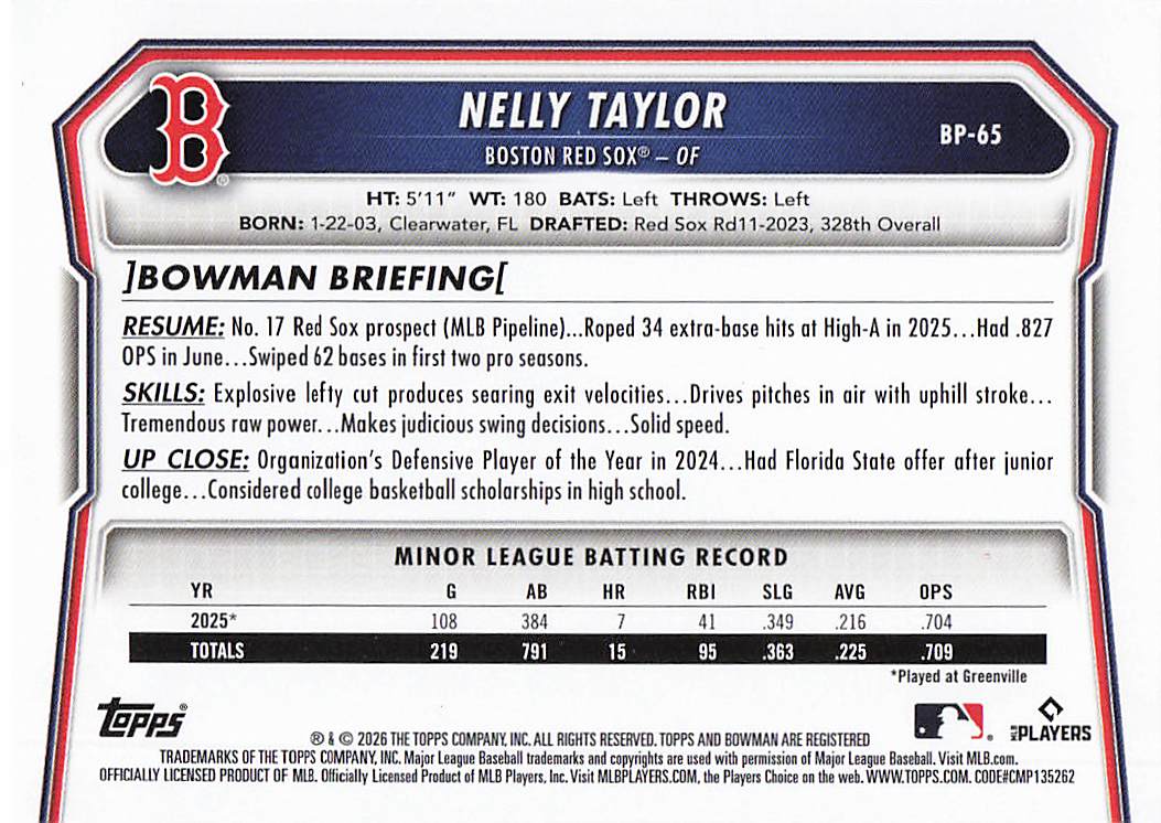 2026 Bowman Baseball Prospects Nelly Taylor #BP-65