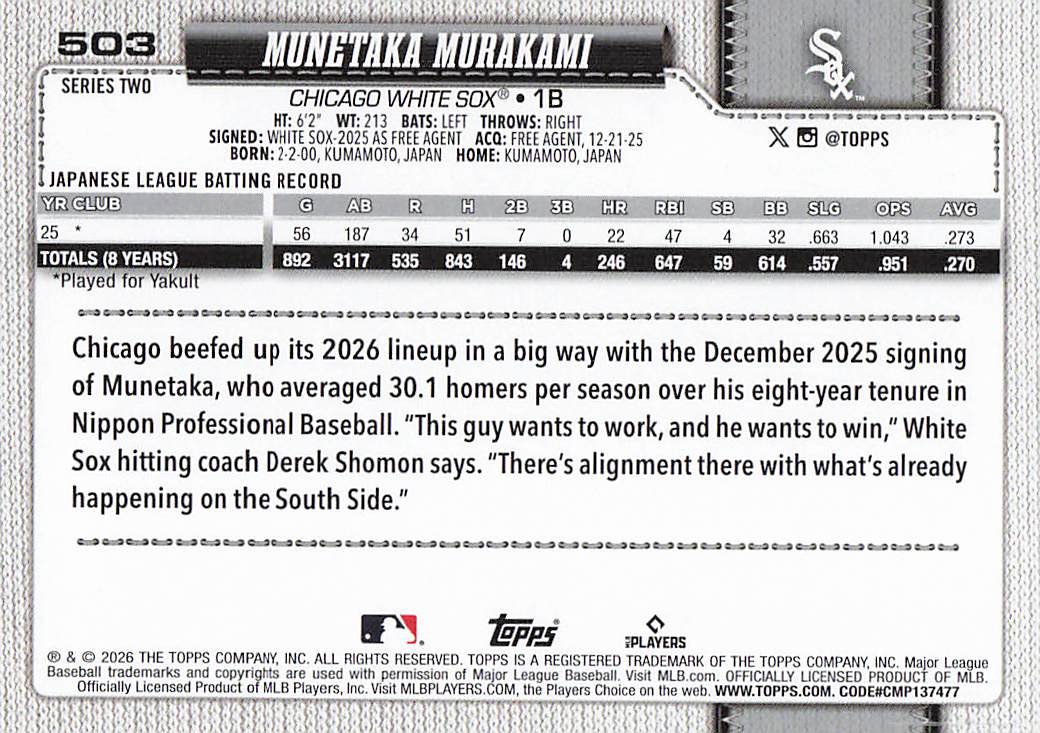 2026 Topps Baseball Munetaka Murakami #503 Rookie