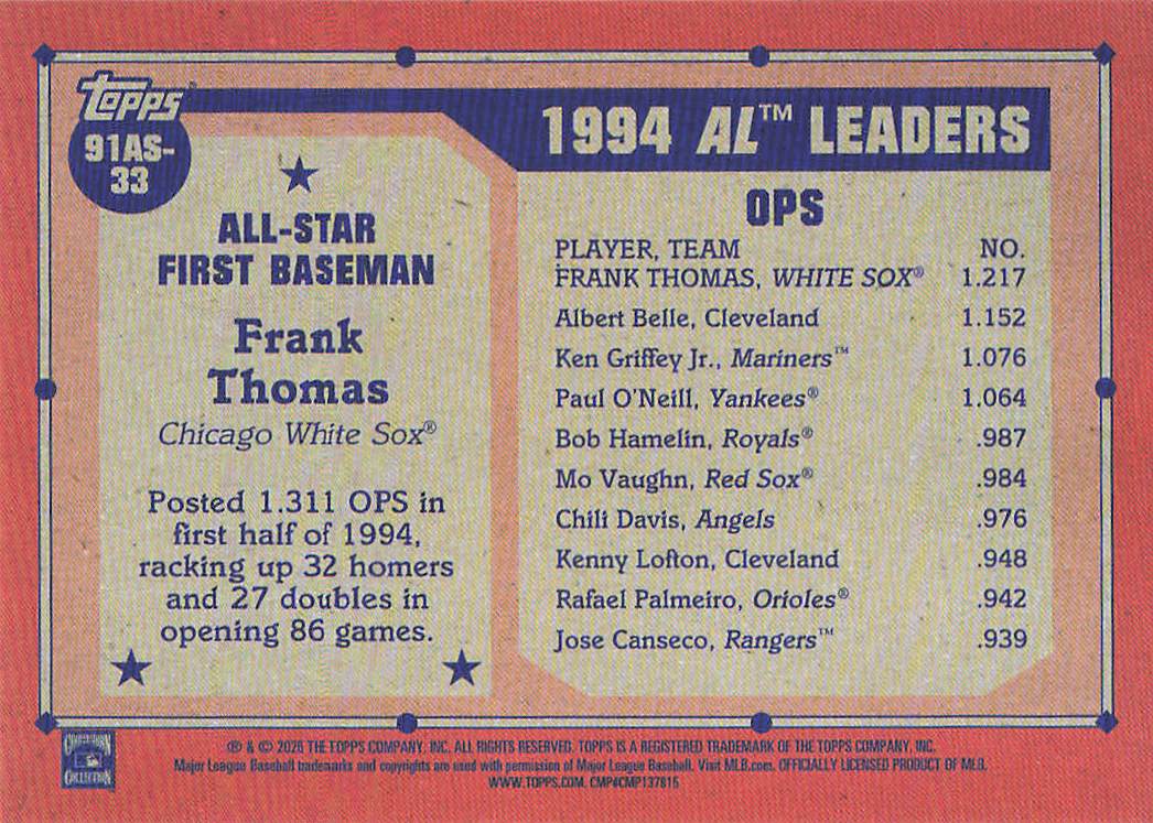 2026 Topps Baseball 1991 Topps Baseball Frank Thomas #91AS-33