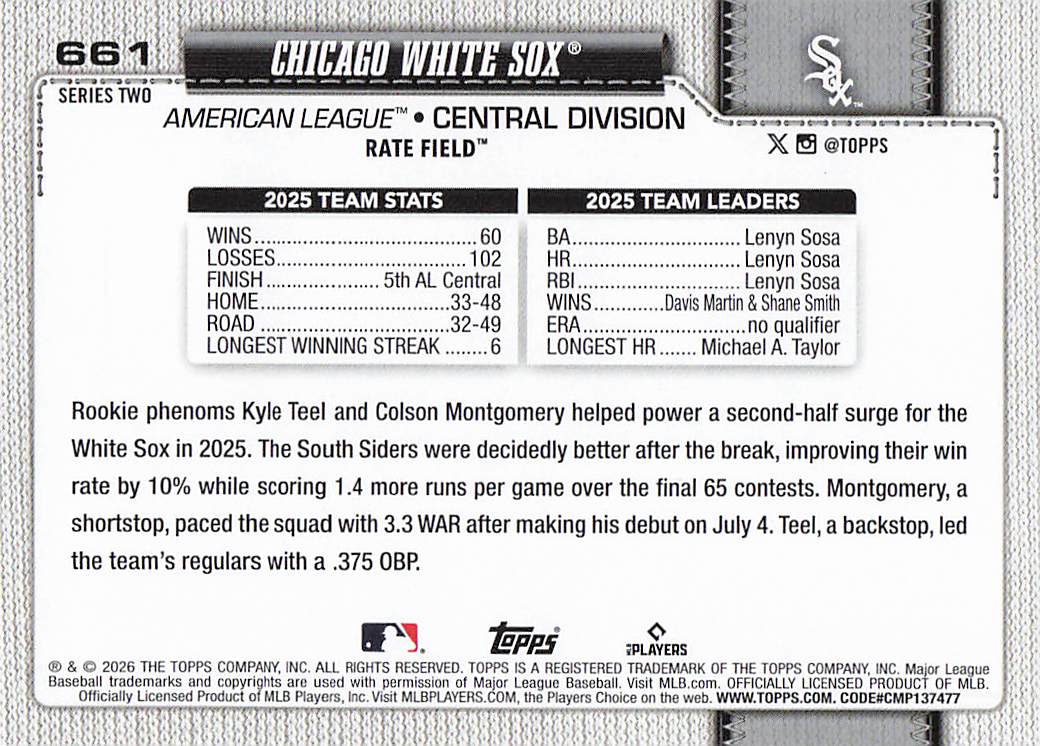 2026 Topps Baseball Chicago White Sox #661