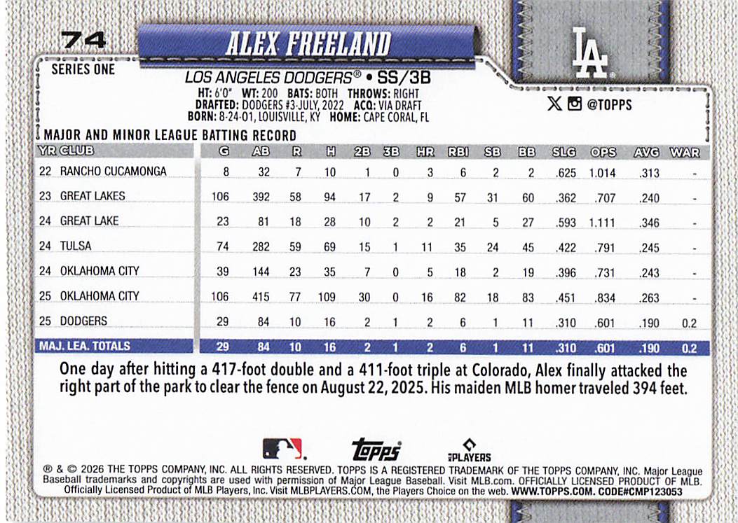 2026 Topps Baseball Alex Freeland #74 Rookie