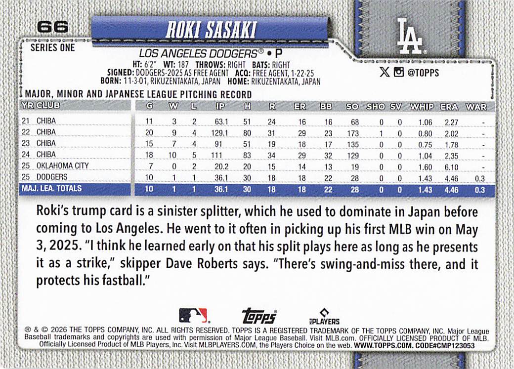 2026 Topps Baseball Roki Sasaki #66