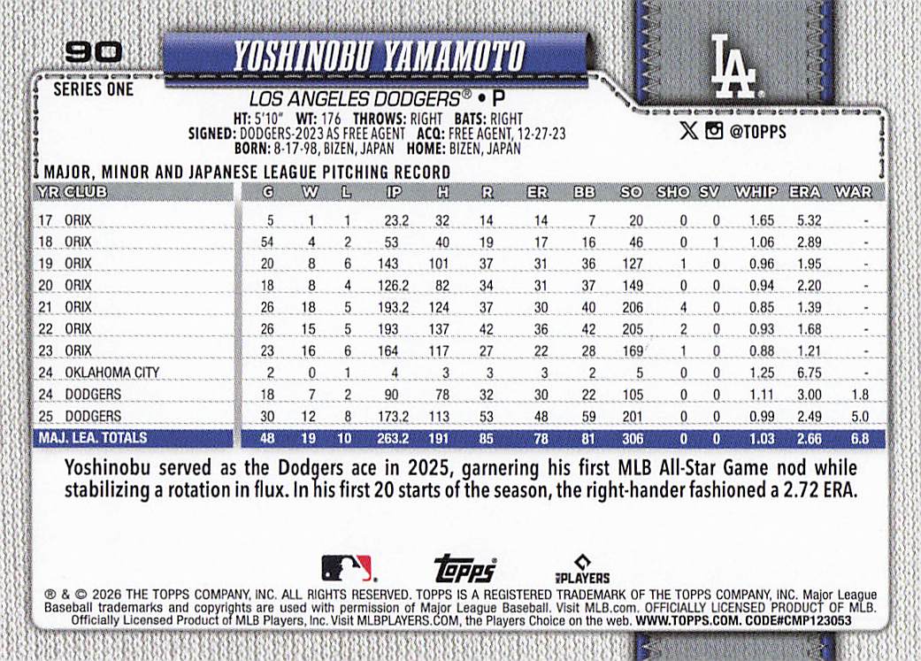 2026 Topps Baseball Yoshinobu Yamamoto #90