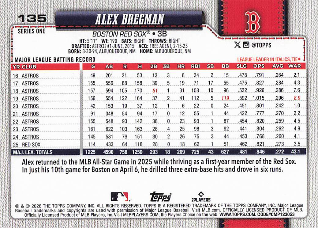 2026 Topps Baseball Alex Bregman #135