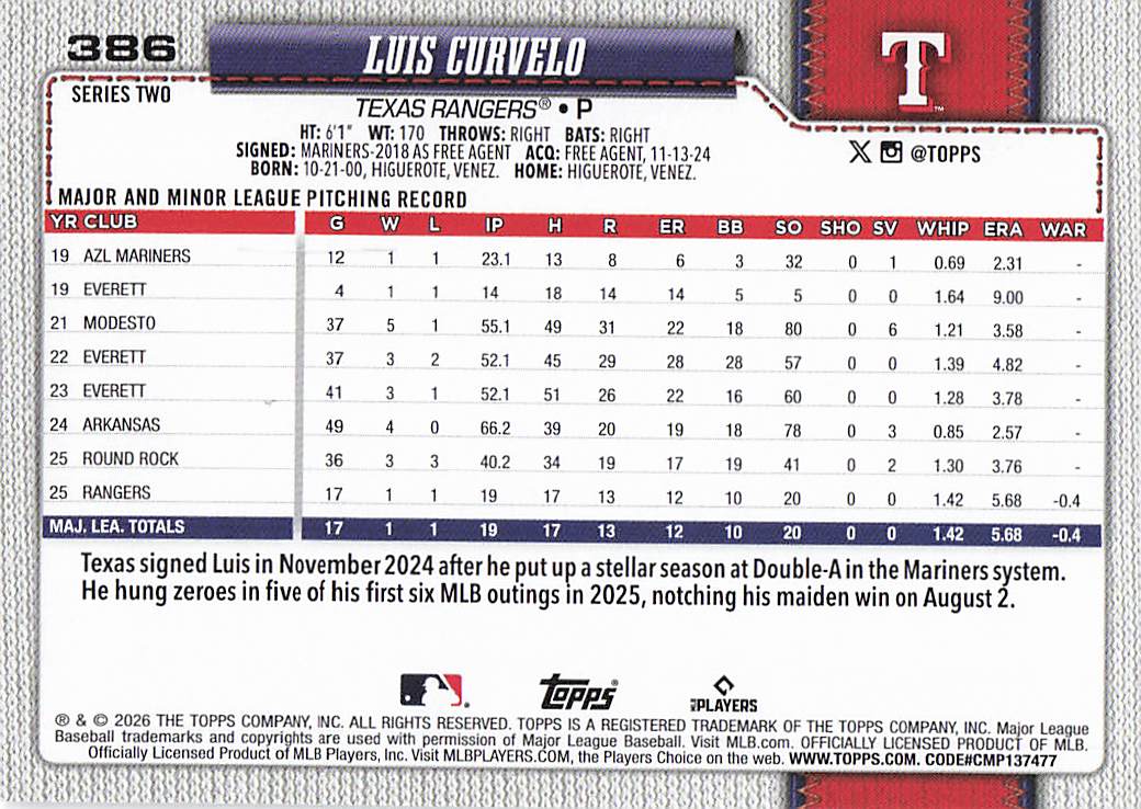 2026 Topps Baseball Luis Curvelo #386 Rookie