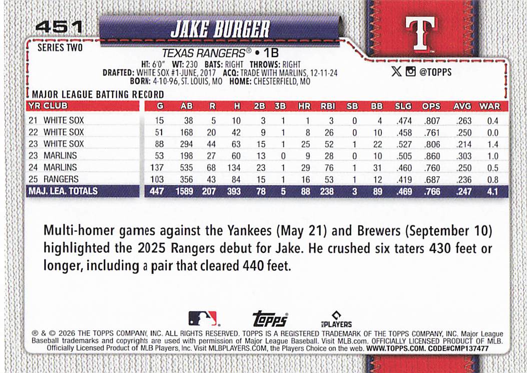 2026 Topps Baseball Jake Burger #451