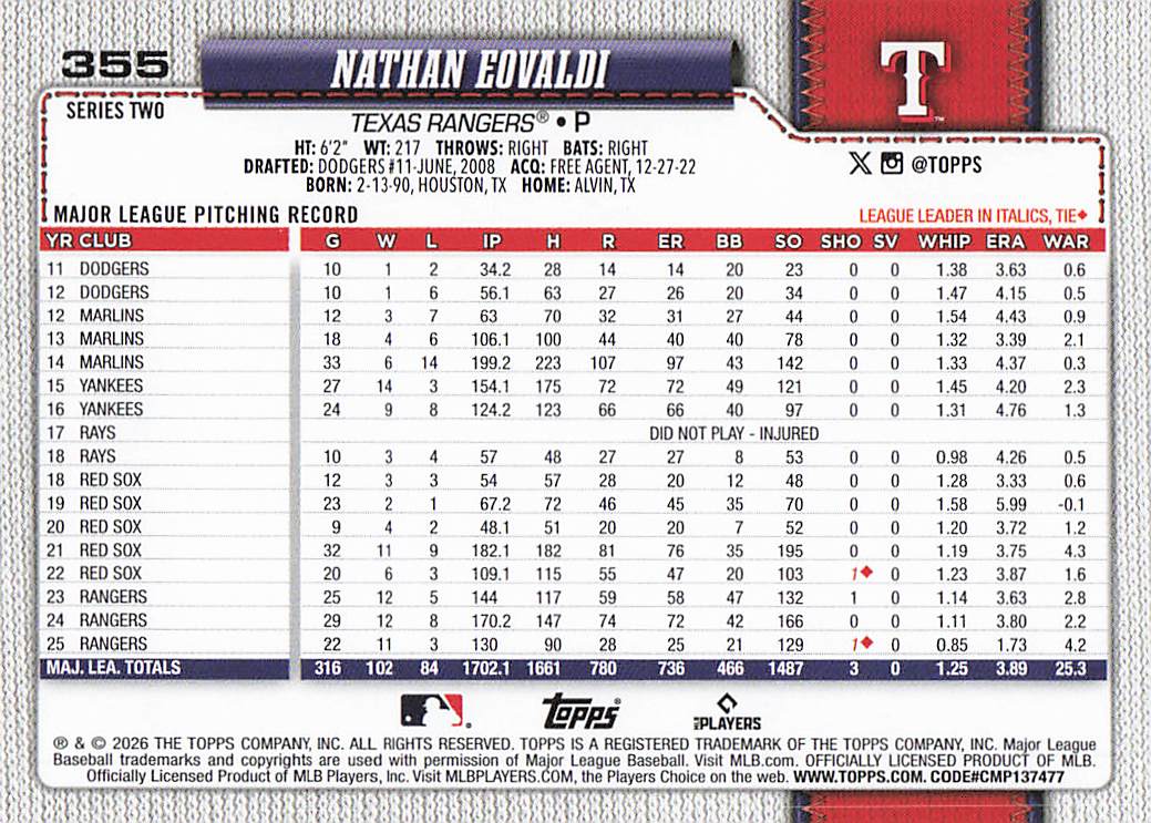 2026 Topps Baseball Nathan Eovaldi #355