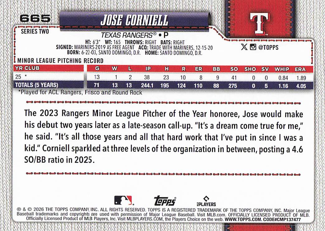 2026 Topps Baseball Jose Corniell #665 Rookie