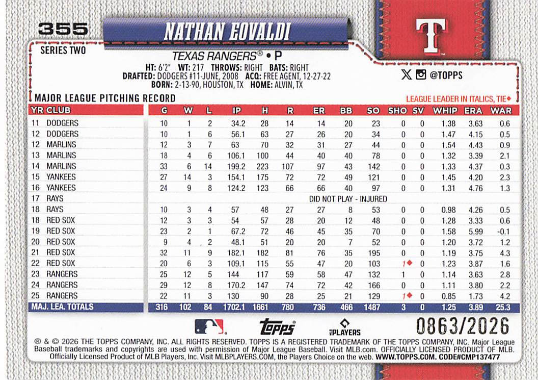 2026 Topps Baseball Gold 0863/2026 Nathan Eovaldi #355