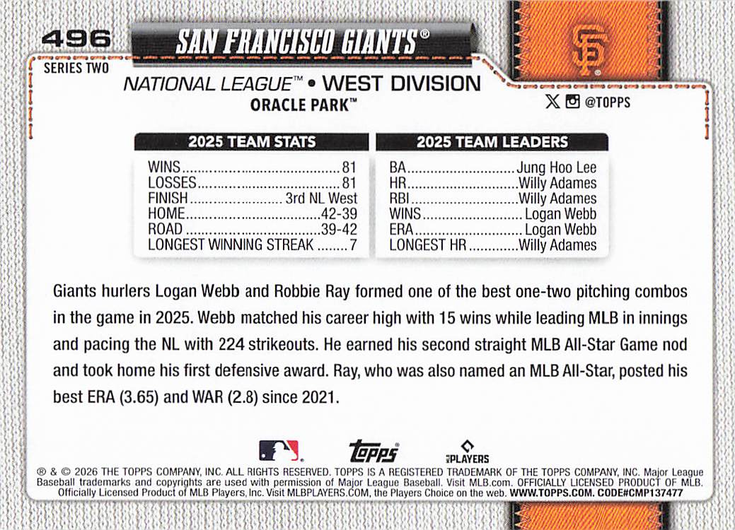 2026 Topps Baseball San Francisco Giants #496