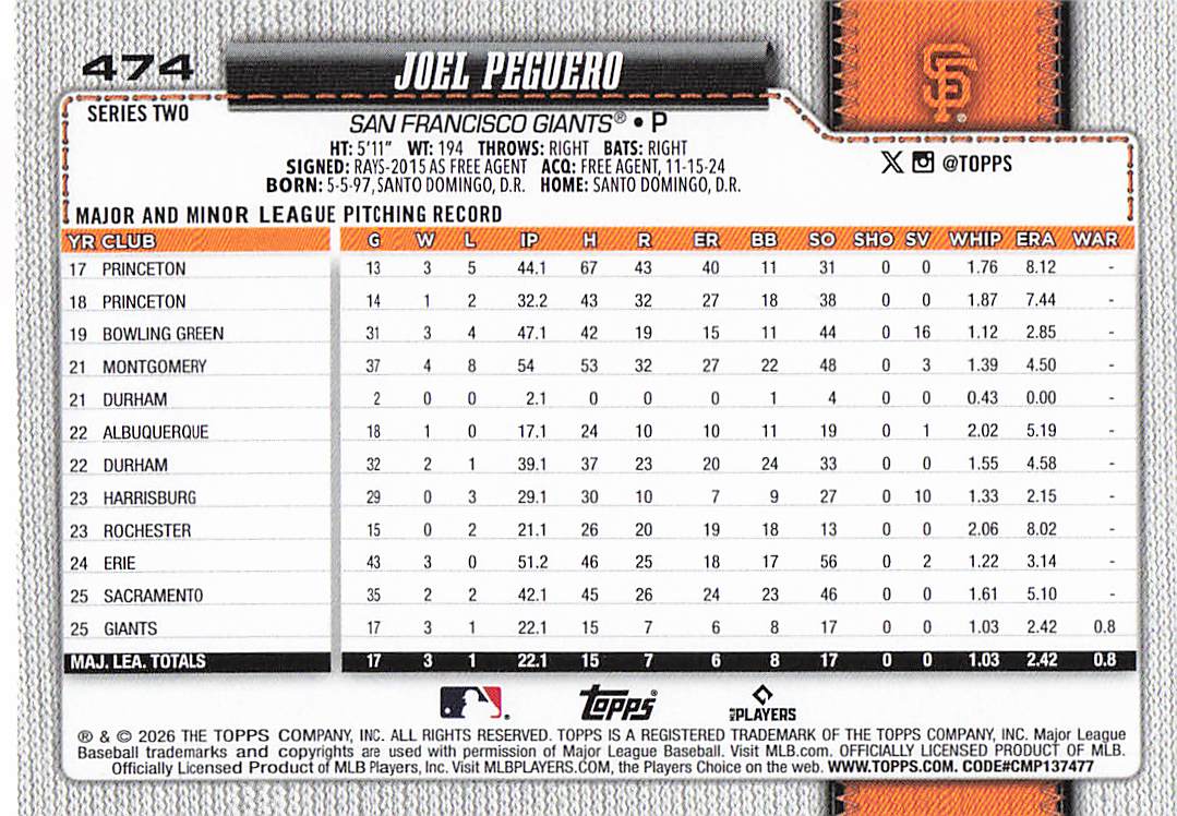 2026 Topps Baseball Joel Peguero #474 Rookie
