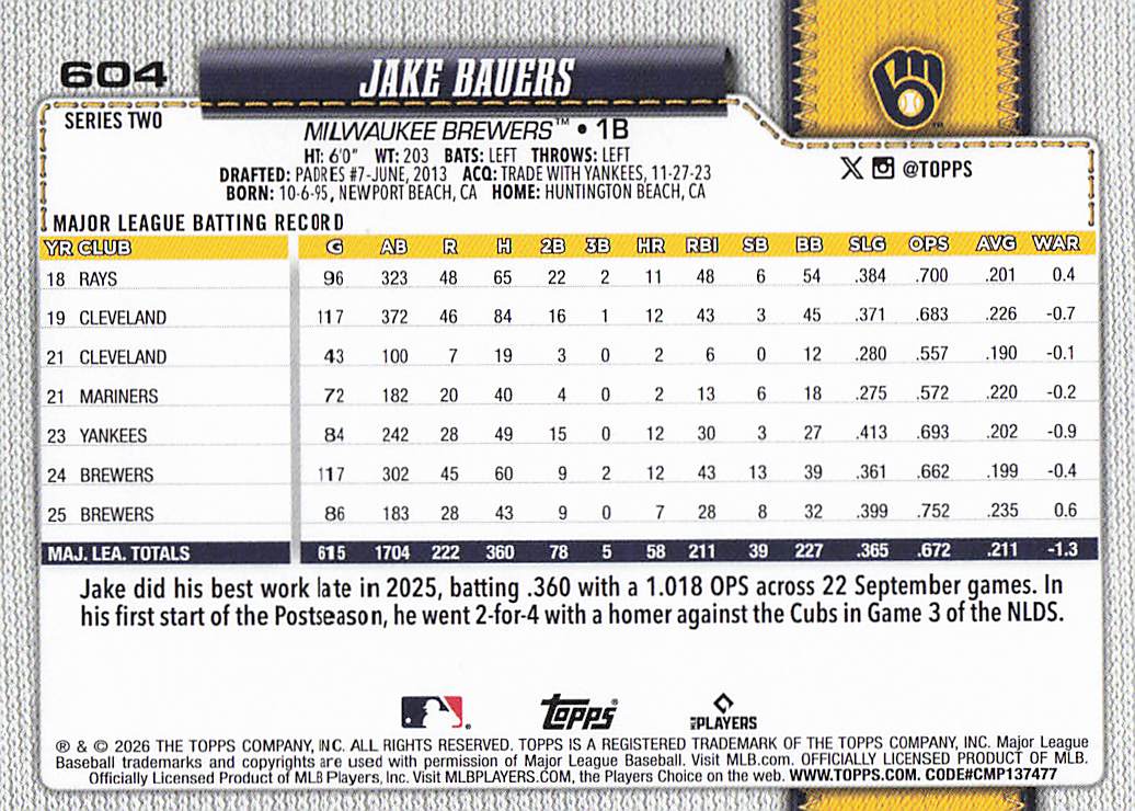 2026 Topps Baseball Jake Bauers #604