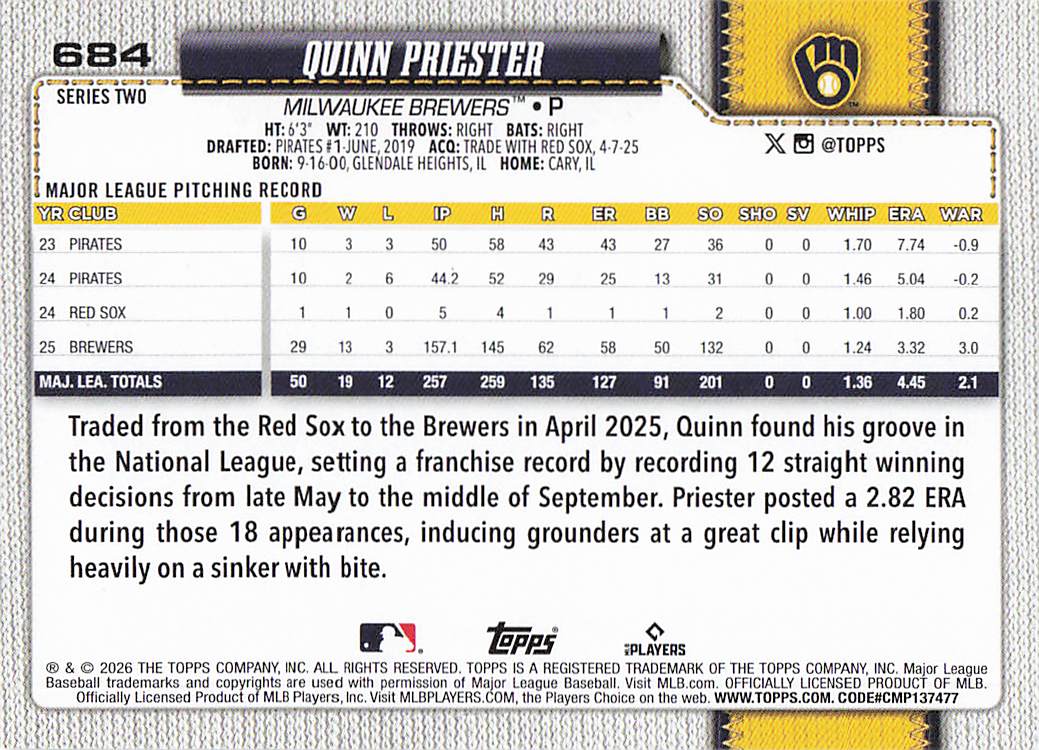 2026 Topps Baseball Quinn Priester #684